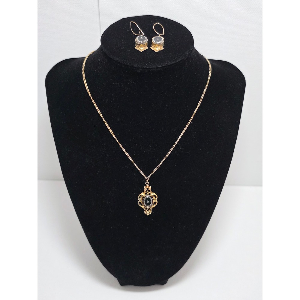 1928 Jewelry Vintage Victorian Inspired Black Cabochon Necklace Earrings Set